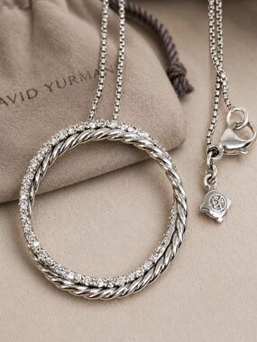 David Yurman Cossover Infinity Circle Diamond Necklace 14kw Gold & Sterling 17”